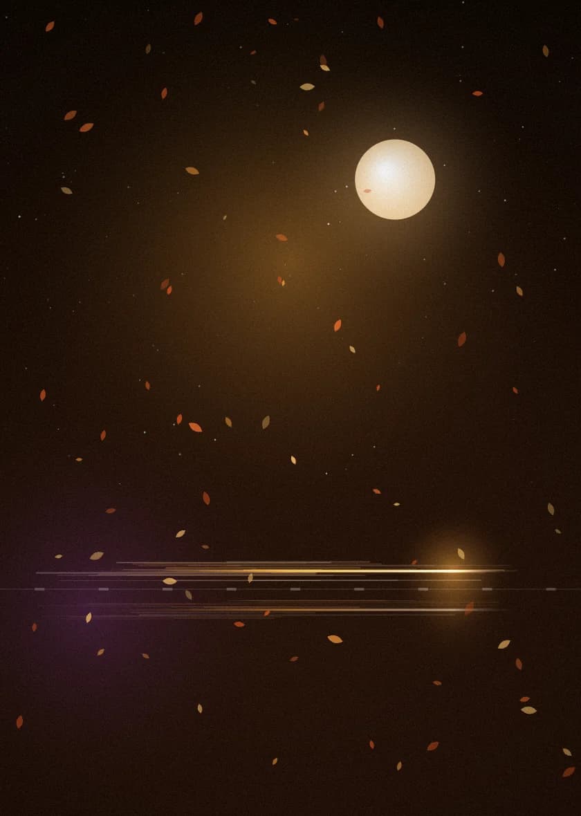 紅葉の色に染まる夜と、線路上を流れる光を描いた抽象的なポスター