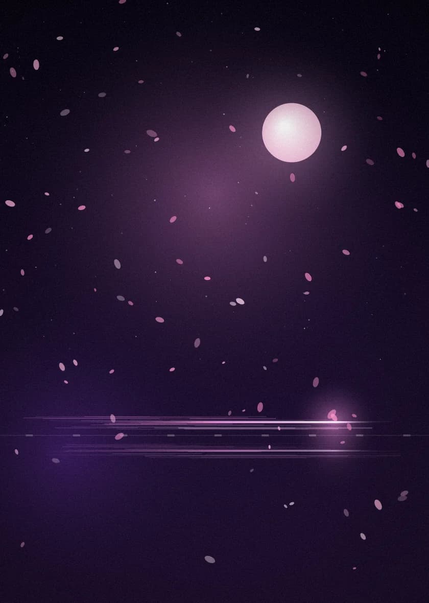 夜の駅に舞う桜の花びらと、遠くを走る光の列車を描いた抽象的なポスター