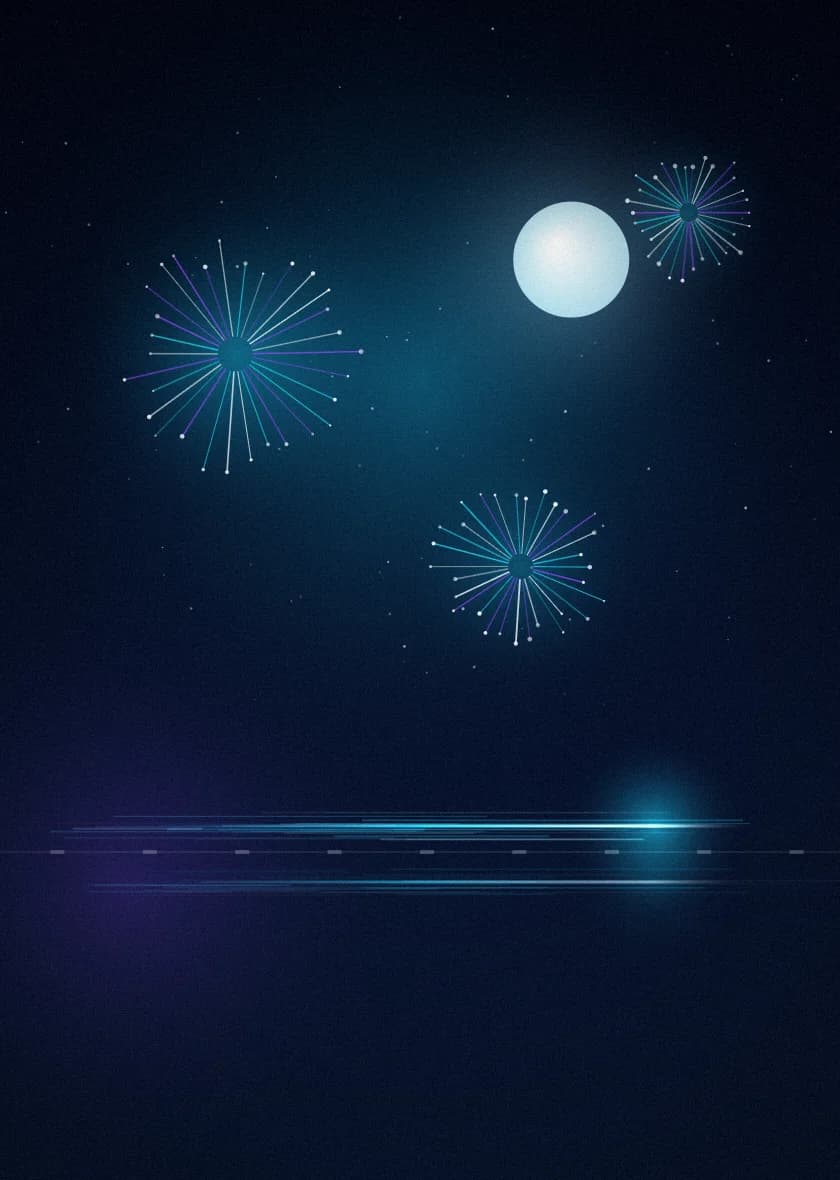 夏の夜空に開く花火と、駅を発つ光の軌跡を描いた抽象的なポスター